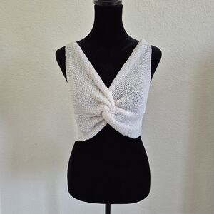 Knit Twist Front Crop Tank Top - White